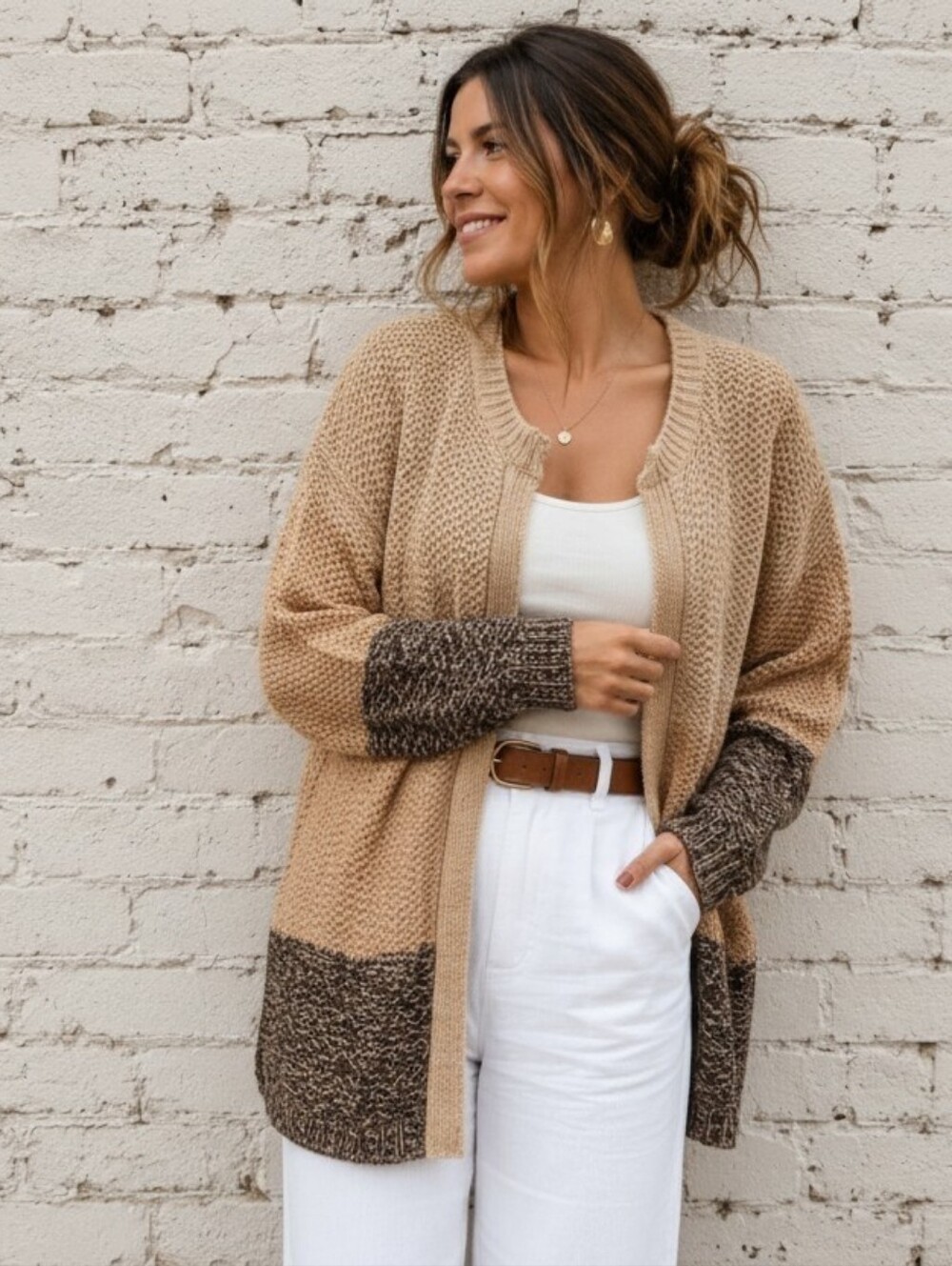 Vintage Neutral Open Knit Cardigan Sweater Relaxed Artisan Layering Size L